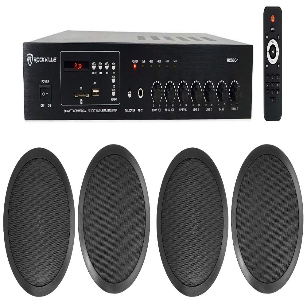 Rockville RCS80-1 Bundle: 60-Watt 70V Commercial Bluetooth Amplifier, (4) CC80T 8 in 70V Ceiling Speakers, for Restaurants Bars Offices, 5-Items