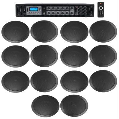 Rockville CC65T Bundle: (14) 6.5 in Black Commercial 70V Ceiling Speakers, RCS180-6 184-Watt 6-Zone Amplifier with Bluetooth, for Hotels and Offices, 15-Items
