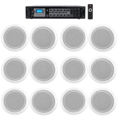 Rockville CC65T Bundle: (12) 6.5 in White 70V Commercial Ceiling Speakers, RCS180-6 180-Watt 6-Zone Bluetooth Amplifier, for Hotel, Office, 13-Items