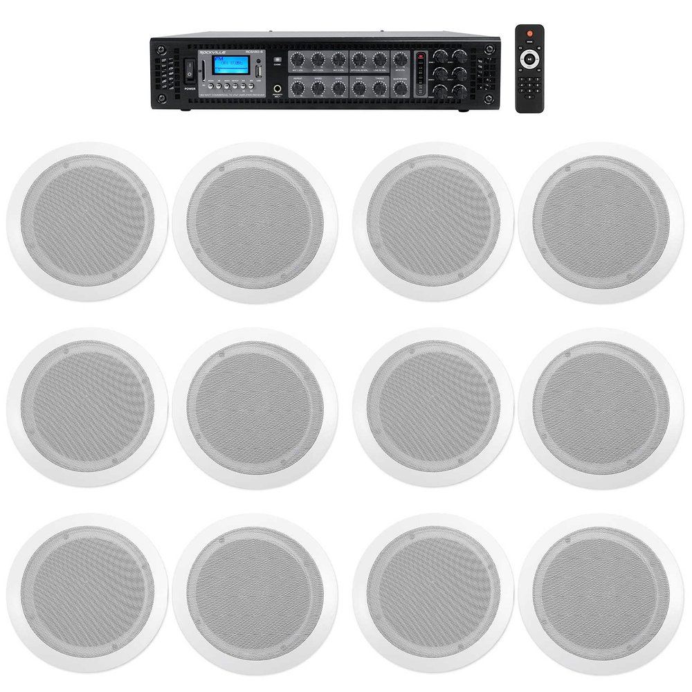 Rockville CC65T Bundle: (12) 6.5 in White 70V Commercial Ceiling Speakers, RCS180-6 180-Watt 6-Zone Bluetooth Amplifier, for Hotel, Office, 13-Items