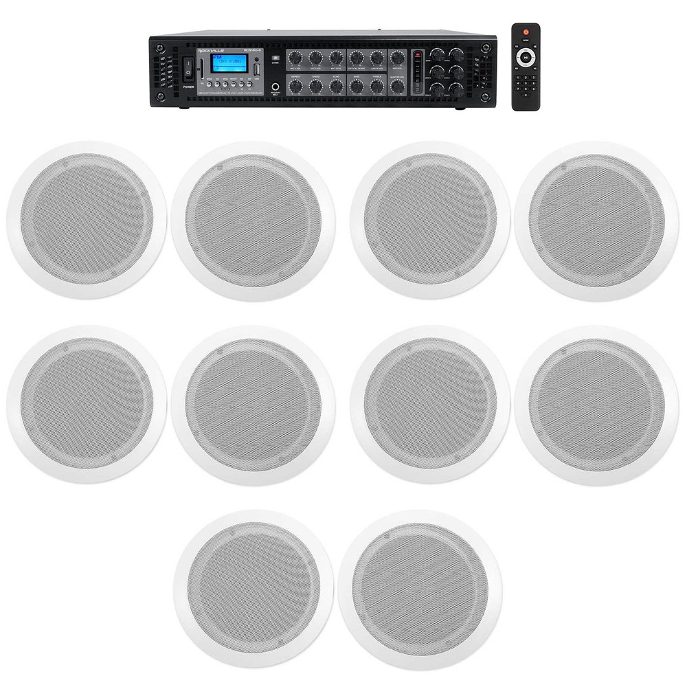 Rockville RCS180-6 Bundle: 180 Watt 6-Zone 70V Commercial/Restaurant Amplifier/Bluetooth, (10) White 6.5" Ceiling Speakers, Ideal for Home, Bedroom, Living Room, Bathroom, 11-Items
