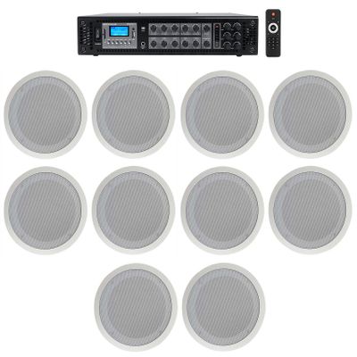 Rockville CC80T Bundle: (10) White 8 in 2-Way 70V Commercial Ceiling Speakers for Restaurant and Bar, RCS180-6 184 Watt 6 Zone Bluetooth Amplifier, 11-Items