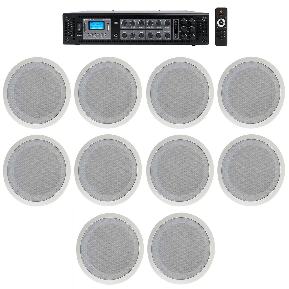 Rockville CC80T Bundle: (10) White 8 in 2-Way 70V Commercial Ceiling Speakers for Restaurant and Bar, RCS180-6 184 Watt 6 Zone Bluetooth Amplifier, 11-Items