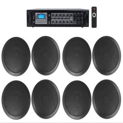 Rockville RCS180-6 Bundle: 180W 6 Zone 70V Commercial Bluetooth Amplifier, (8) CC65T 6.5 in Black Ceiling Speakers for Restaurant, Office, Cafe, and Retail Sound Systems, 9 Items