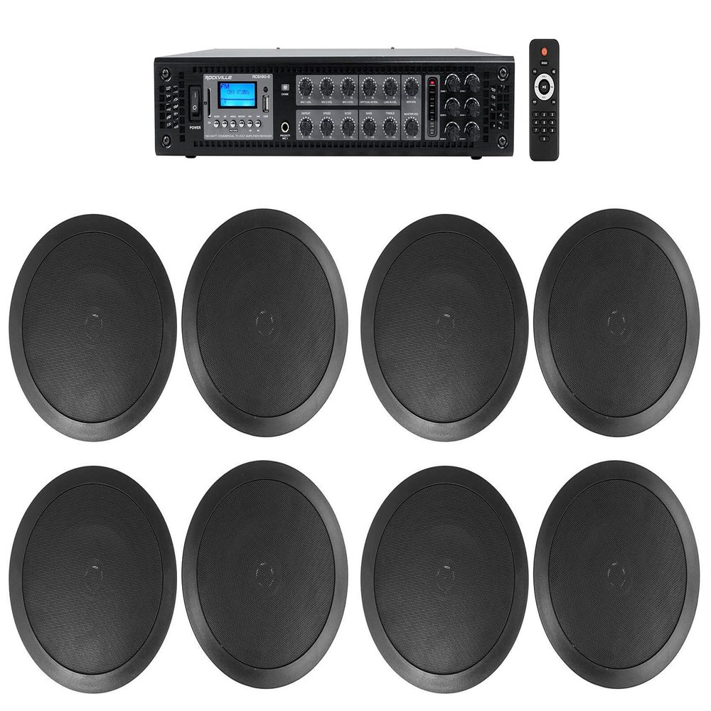 Rockville RCS180-6 Bundle: 180W 6 Zone 70V Commercial Bluetooth Amplifier, (8) CC65T 6.5 in Black Ceiling Speakers for Restaurant, Office, Cafe, and Retail Sound Systems, 9 Items