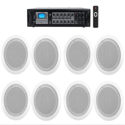 Rockville RCS180-6 Bundle: 180-Watt 6-Zone 70V 2-Way Commercial/Restaurant Amplifier, (4) Pairs CC65T 6.5 White 70V Ceiling Speakers, Bluetooth, USB/SD, FM Radio, 9-Items