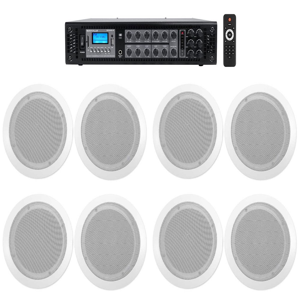 Rockville RCS180-6 Bundle: 180-Watt 6-Zone 70V 2-Way Commercial/Restaurant Amplifier, (4) Pairs CC65T 6.5 White 70V Ceiling Speakers, Bluetooth, USB/SD, FM Radio, 9-Items