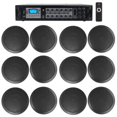 Rockville RCS180-6 Bundle: RCS180-6 184-Watt 6-Zone 70V Commercial Amplifier, (12) 6.5" 2-Way Black Ceiling Speakers 40W 8-Ohm for Restaurant, 7 Items