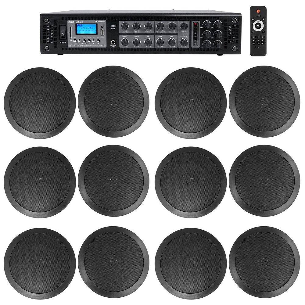 Rockville RCS180-6 Bundle: RCS180-6 184-Watt 6-Zone 70V Commercial Amplifier, (12) 6.5" 2-Way Black Ceiling Speakers 40W 8-Ohm for Restaurant, 7 Items