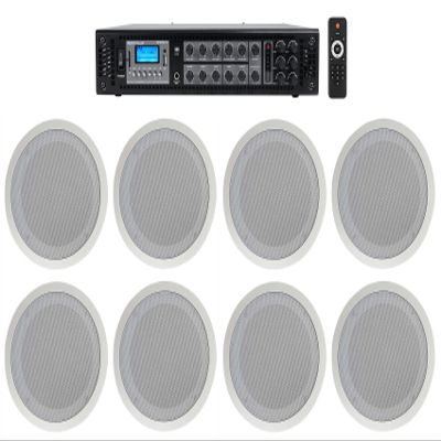 Rockville RCS180-6 Bundle: Commercial 180W 6-Zone 70V Bluetooth Receiver/Amplifier, (4) Pairs CC80T 8" 2-Way White Ceiling Speakers for Hotel/Office, 5-Items