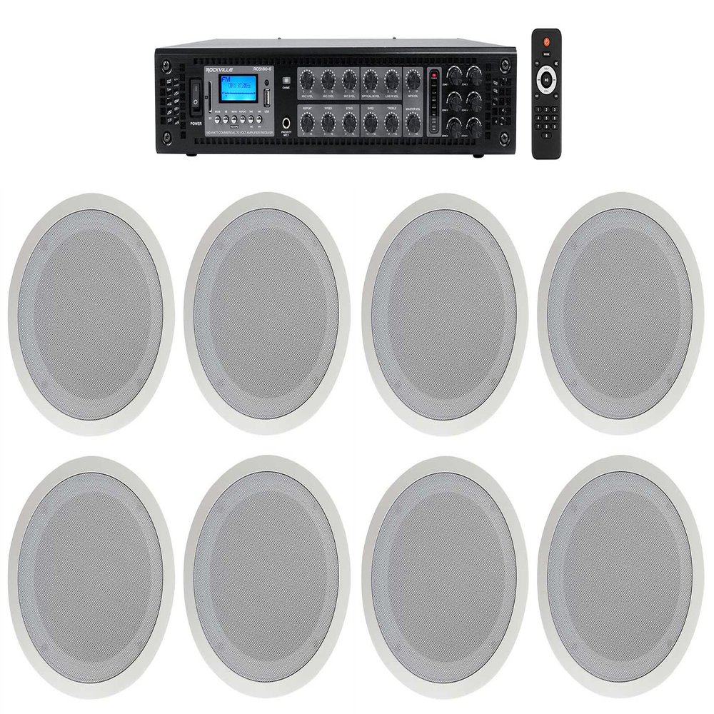 Rockville RCS180-6 Bundle: Commercial 180W 6-Zone 70V Bluetooth Receiver/Amplifier, (4) Pairs CC80T 8" 2-Way White Ceiling Speakers for Hotel/Office, 5-Items