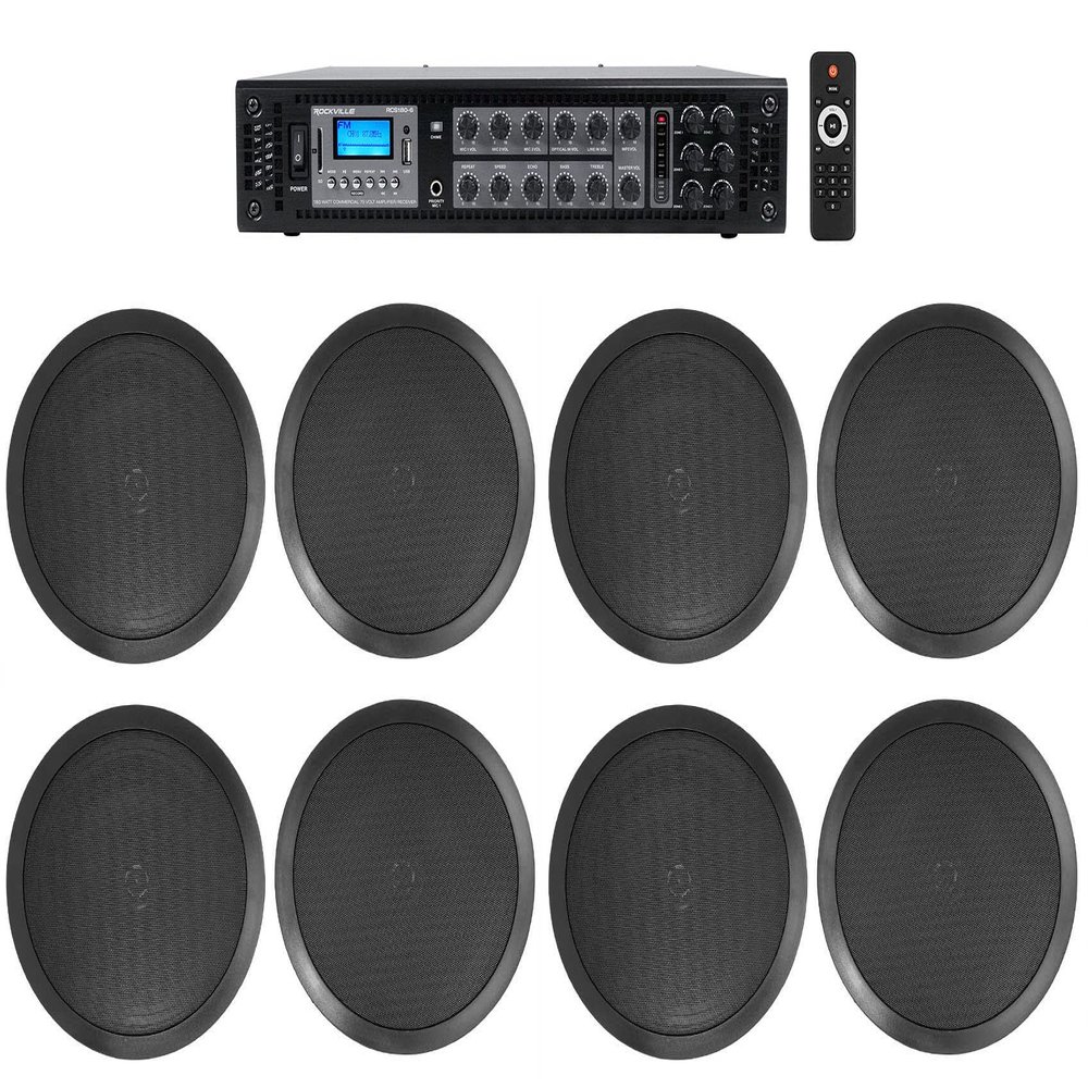 Rockville Commercial Receiver+(8) 8" 2Way Black Ceiling Speakers 4 Hotel/Office