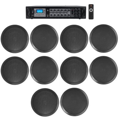 Rockville RCS180-6 Bundle: 180-Watt 6-Zone 70V Commercial Amplifier/Bluetooth Receiver, (5) Pairs CC80T Black 8" 70V in-Ceiling Speakers for Hotel, Office Installations, 6-Items