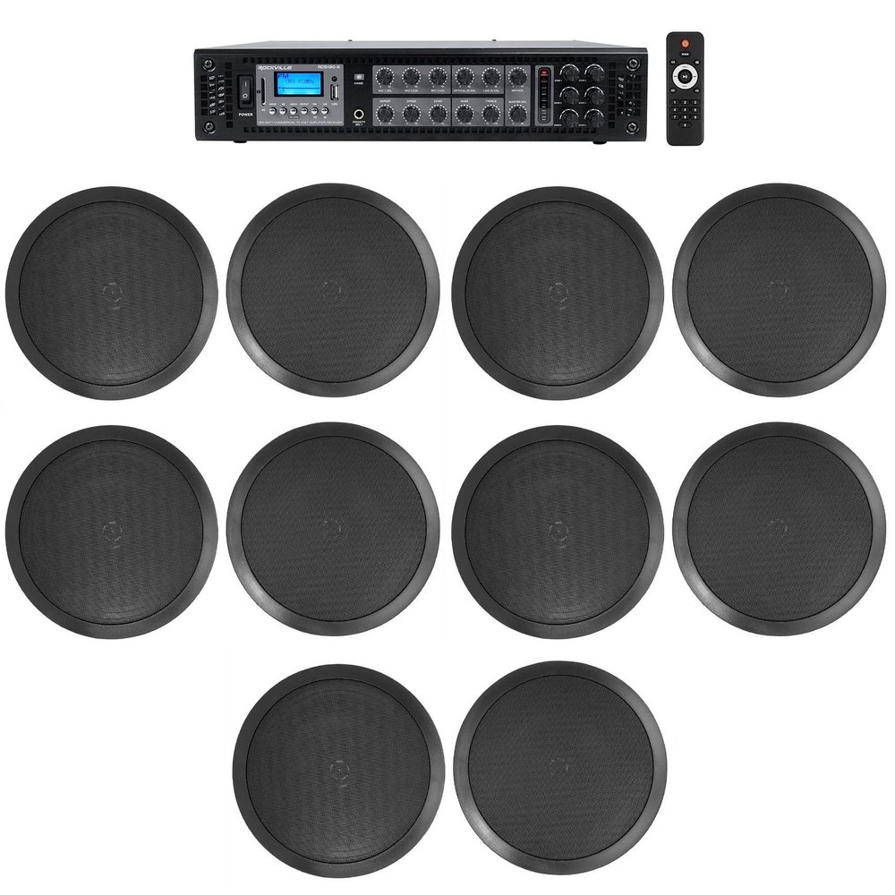 Rockville RCS180-6 Bundle: 180-Watt 6-Zone 70V Commercial Amplifier/Bluetooth Receiver, (5) Pairs CC80T Black 8" 70V in-Ceiling Speakers for Hotel, Office Installations, 6-Items