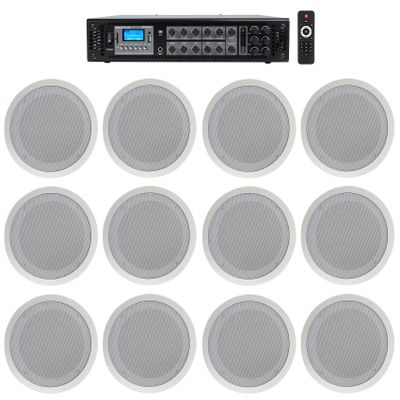 Rockville CC80T White Bundle: (6) Pairs 8" 2-Way Commercial 70V Ceiling Speakers, RCS180-6 180-Watt 6-Zone Bluetooth Receiver Amplifier for Hotel/Office, 7-Items