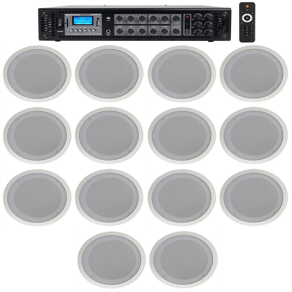 Rockville RCS180-6 6 Zone 70V Commercial Receiver with 14 CC80T Speakers