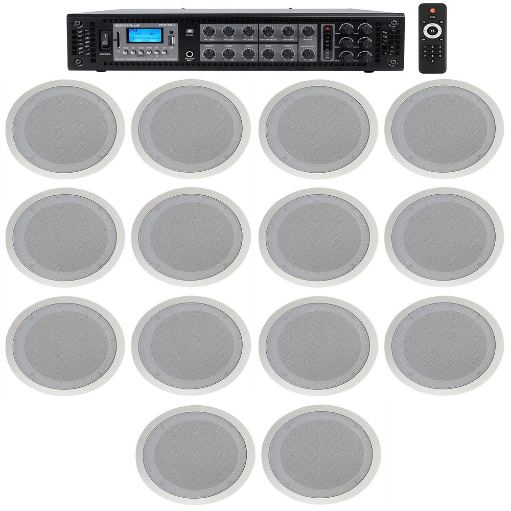 Rockville RCS180-6 6-Zone 70V Amplifier with 14 CC80T White Speakers