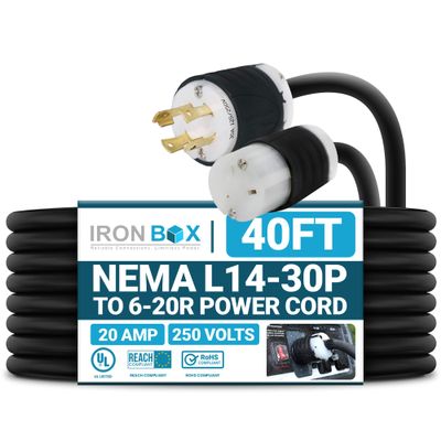 IronBox Electric NEMA L14-30P to 6-20R Power Cord Plug Adapter - 20A, 250V, 12/3 SJT - UL Listed Extension Cable - Heavy Duty Plug and Connector for Generator, Camper, Data Center & More (40ft, Build)
