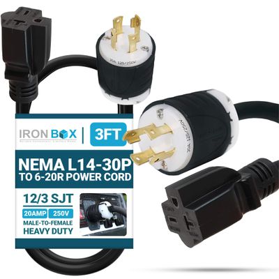 IronBox Electric NEMA L14-30P to 6-20R Power Cord Plug Adapter - 20A, 250V, 12/3 SJT - UL Listed Extension Cable - Heavy Duty Plug and Connector for Generator, Camper, Data Center & More (3ft, Build)