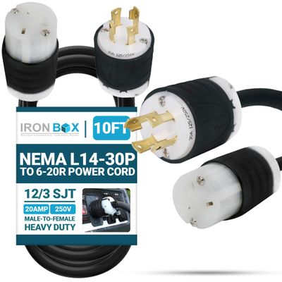 IronBox Electric NEMA L14-30P to 6-20R Power Cord Plug Adapter - 20A, 250V, 12/3 SJT - UL Listed Extension Cable - Heavy Duty Plug and Connector for Generator, Camper, Data Center & More (10ft, Build)