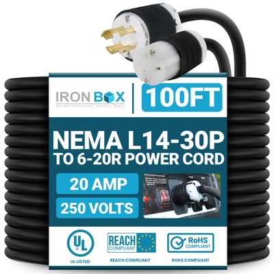 IronBox Electric NEMA L14-30P to 6-20R Power Cord Plug Adapter - 20A, 250V, 12/3 SJT - UL Listed Extension Cable - Heavy Duty Plug & Connector for Generator, Camper, Data Center & More (100 ft, Build)