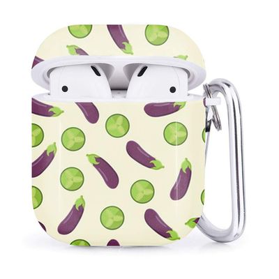 Compatible with Airpods 2 & 1  Shockproof TPU Gel Portable Protection Soft Case Cover Skin with Carabiner Clip Keychain (Eggplant Cucumber Sliced)