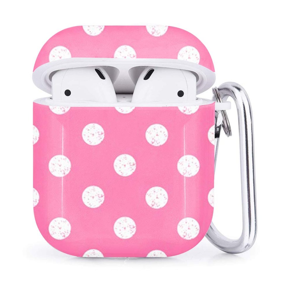 Compatible with Airpods 2 & 1  Shockproof TPU Gel Portable Protection Soft Case Cover Skin with Carabiner Clip Keychain (Pink Polka Dot)