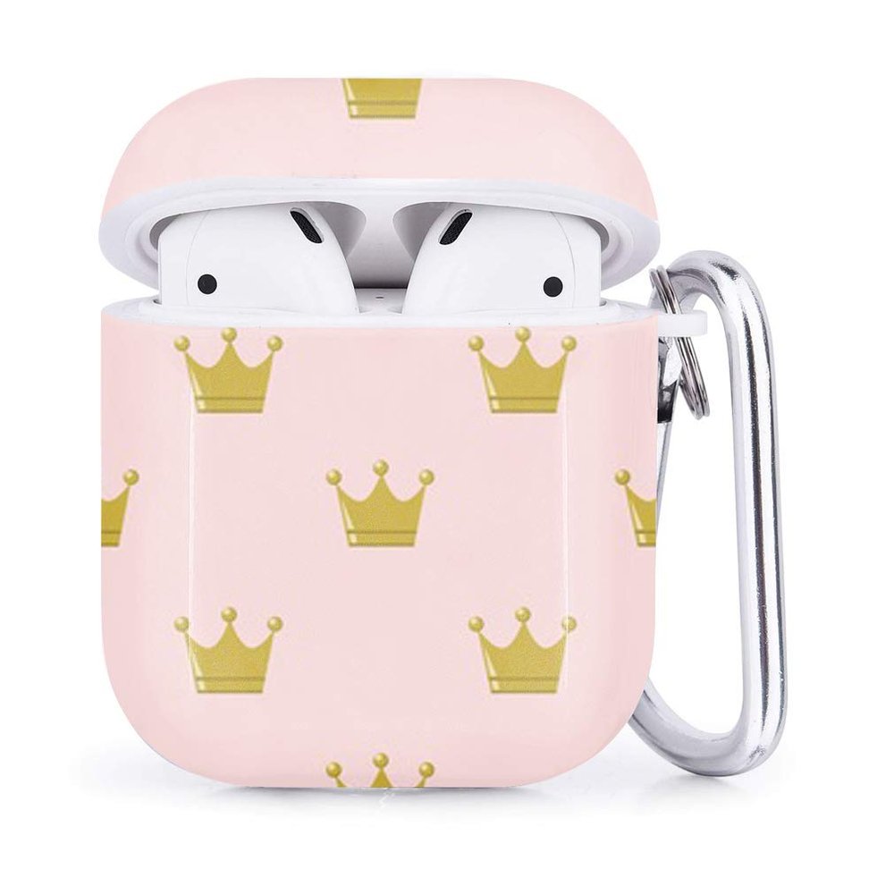 Compatible with Airpods 2 & 1  Shockproof TPU Gel Portable Protection Soft Case Cover Skin with Carabiner Clip Keychain (Golden Crown Princess)