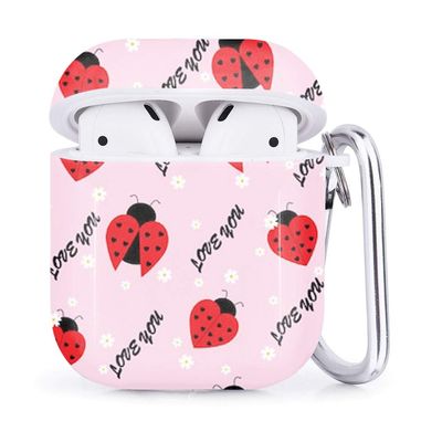 Compatible with Airpods 2 & 1  Shockproof TPU Gel Portable Protection Soft Case Cover Skin with Carabiner Clip Keychain (Ladybug Chamomile Flower Love)