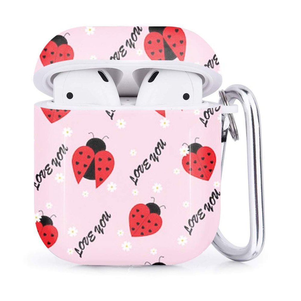 Compatible with Airpods 2 & 1 Shockproof TPU Gel Portable Protection Soft Case Cover Skin with Carabiner Clip Keychain (Ladybug Chamomile Flower Love)