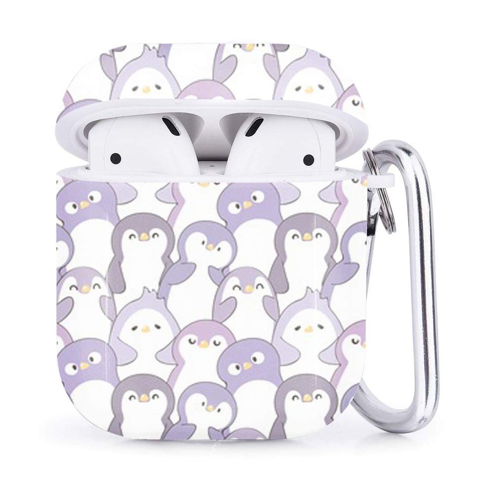 Compatible with Airpods 2 & 1  Shockproof TPU Gel Portable Protection Soft Case Cover Skin with Carabiner Clip Keychain (Cute Cartoon Penguin)