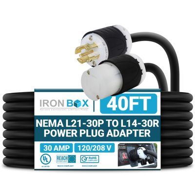IronBox Electric NEMA L21-30P to L14-30R Power Plug Adapter - 30A, 120/208V, 10 AWG SJOOW - UL Listed Twist Lock Extension Cable - Heavy Duty Plug & Connector for Generator, Data Center & More (40ft)