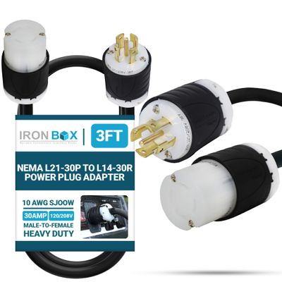 IronBox Electric NEMA L21-30P to L14-30R Power Plug Adapter - 30A, 120/208V, 10 AWG SJOOW - UL Listed Twist Lock Extension Cable - Heavy Duty Plug & Connector for Generator, Data Center & More (3ft)