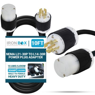 IronBox Electric NEMA L21-30P to L14-30R Power Plug Adapter - 30A, 120/208V, 10 AWG SJOOW - UL Listed Twist Lock Extension Cable - Heavy Duty Plug & Connector for Generator, Data Center & More (10ft)