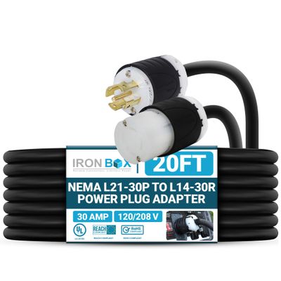 IronBox Electric NEMA L21-30P to L14-30R Power Plug Adapter - 30A, 120/208V, 10 AWG SJOOW - UL Listed Twist Lock Extension Cable - Heavy Duty Plug & Connector for Generator, Data Center & More (20ft)