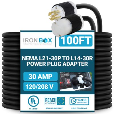 IronBox Electric NEMA L21-30P to L14-30R Power Plug Adapter - 30A, 120/208V, 10 AWG SJOOW - UL Listed Twist Lock Extension Cable -Heavy Duty Plug & Connector for Generator, Data Center & More (100ft)