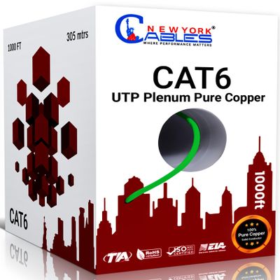 NewYork Cables CAT6 Plenum Cable 1000ft | 100% Solid Bare Copper, UTP, 550MHz, 23AWG, 4Pair 10GB Ethernet Cable, Certified CMP-Rated Bulk Cat 6 for Networking & Gaming (1000ft, Pure Copper,Green)