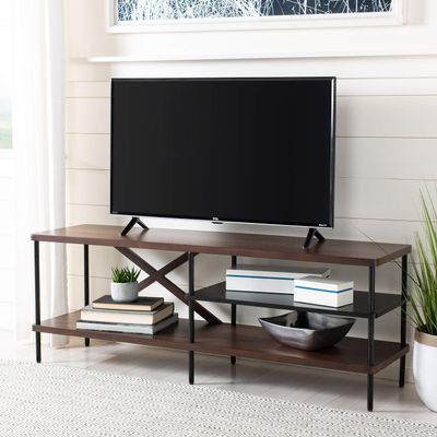 Safavieh Home Bruno Industrial Walnut and Black Storage Shelves TV Media Stand