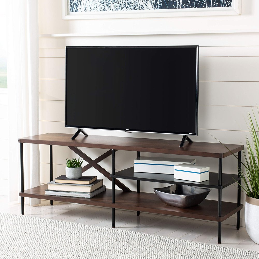 Safavieh Home Bruno Industrial Walnut and Black Storage Shelves TV Media Stand