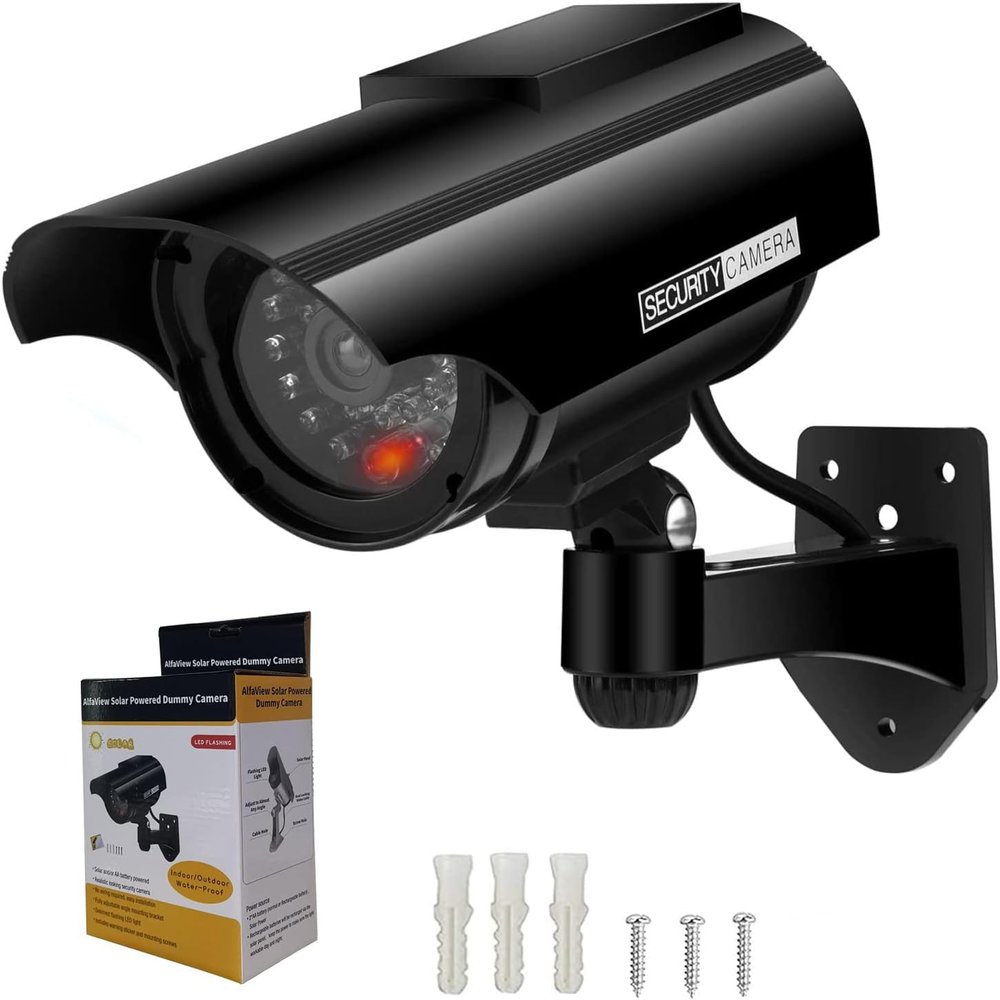 AlfaView Solar Powered Bullet Dummy Fake Surveillance Camera Security CCTV Dome Camera with LED Flashing Light for Outdoor/Indoor,Home/Business