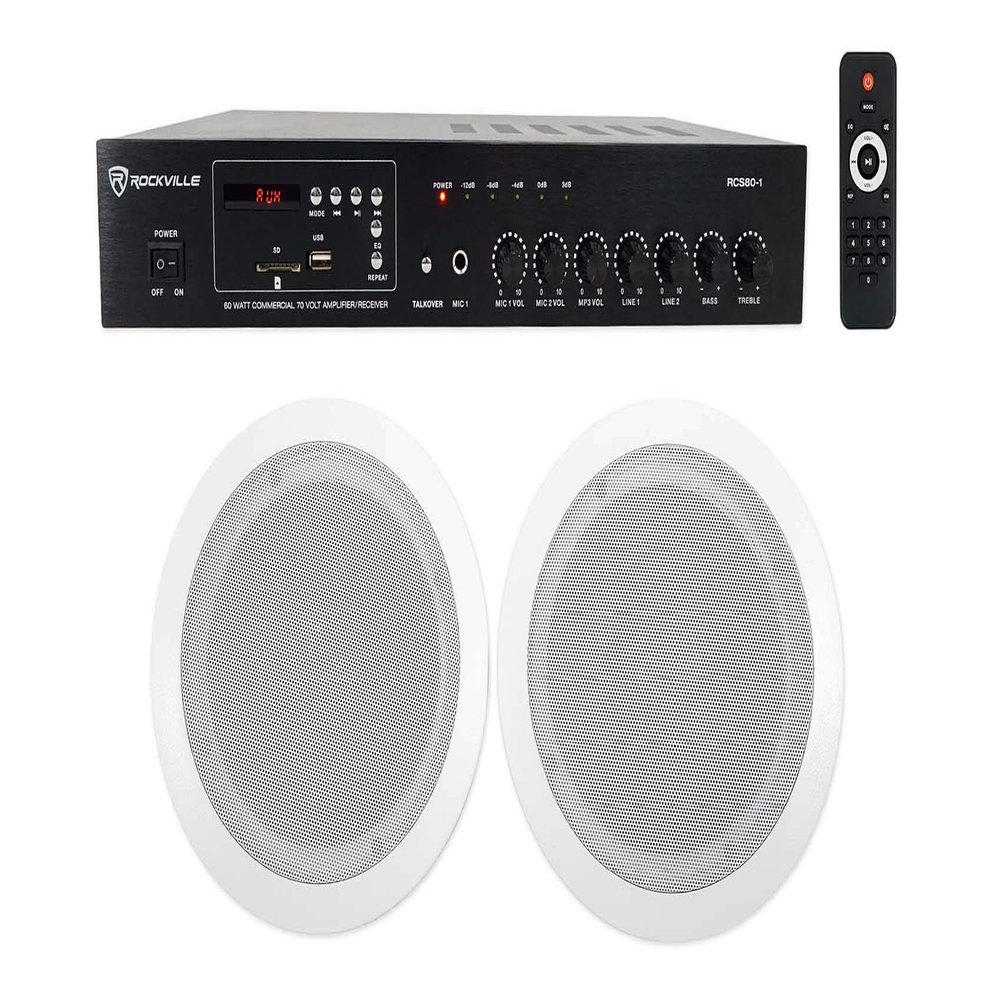 Rockville Commercial Audio Bundle: (2) CC65T 6.5" 70V 2-Way Ceiling Speakers, White Finish, RCS80-1 60-Watt 70V Amplifier, Bluetooth Connectivity for Restaurant, 3-Items