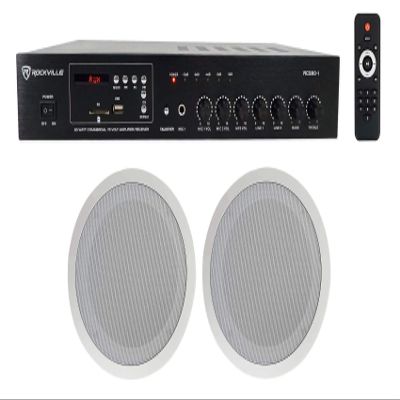 Rockville Commercial Audio Bundle: (2) CC80T 8" 70V White Ceiling Speakers, 2-Way Design, RCS80-1 60-Watt 70V Amplifier with Bluetooth for Restaurants 3-Items