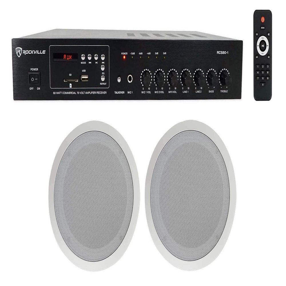 Rockville Commercial Audio Bundle: (2) CC80T 8" 70V White Ceiling Speakers, 2-Way Design, RCS80-1 60-Watt 70V Amplifier with Bluetooth for Restaurants 3-Items