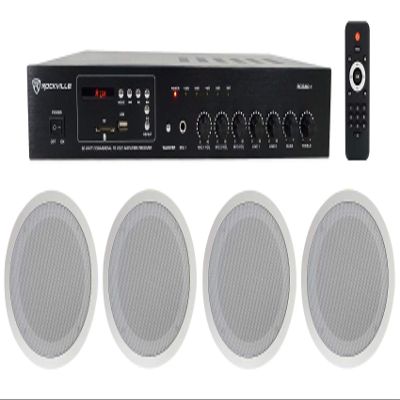 Rockville Commercial Audio Bundle: (4) CC80T White 8" 70V Ceiling Speakers, 2-Way Design for Restaurant/Bar with RCS80-1 60-Watt 70V Amplifier/Bluetooth Receiver, 5-Items