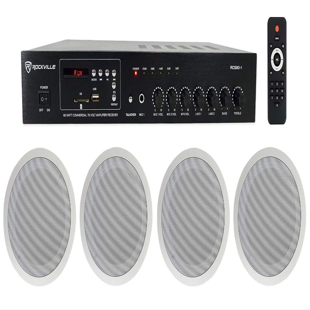 Rockville Commercial Audio Bundle: (4) CC80T White 8" 70V Ceiling Speakers, 2-Way Design for Restaurant/Bar with RCS80-1 60-Watt 70V Amplifier/Bluetooth Receiver, 5-Items