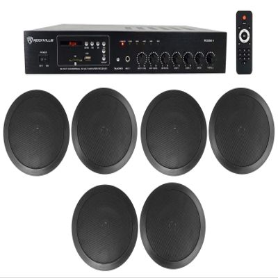 Rockville RCS80-1 Bundle: 60-Watt 70V Commercial Amplifier/Receiver with Bluetooth and (3) Pairs of CC65T Black 6.5" Commercial 70V in-Ceiling Speakers for Restaurant/Bar, 7-Items