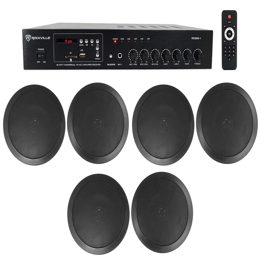 Rockville RCS80-1 Bundle: 60-Watt 70V Commercial Amplifier/Receiver with Bluetooth and (3) Pairs of CC65T Black 6.5" Commercial 70V in-Ceiling Speakers for Restaurant/Bar, 7-Items