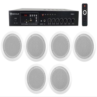 Rockville CC65T Bundle: (6) 6.5 in 70V White Ceiling Speakers for Home Audio, Bedroom, Living Room, RCS80-1 60 Watt Bluetooth Amplifier Receiver, 7-Items