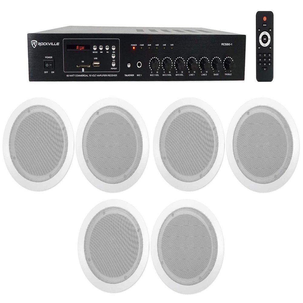 Rockville CC65T Bundle: (6) 6.5 in 70V White Ceiling Speakers for Home Audio, Bedroom, Living Room, RCS80-1 60 Watt Bluetooth Amplifier Receiver, 7-Items