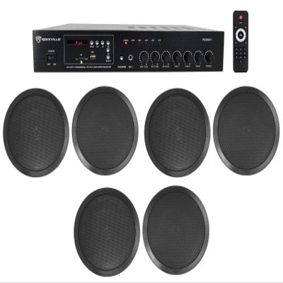 Rockville RCS80-1 Bundle: 60-Watt 70V Bluetooth Commercial Amplifier, (6) CC80T 8 in Black Ceiling Speakers for Restaurants, Bars, and Offices, 7-Items